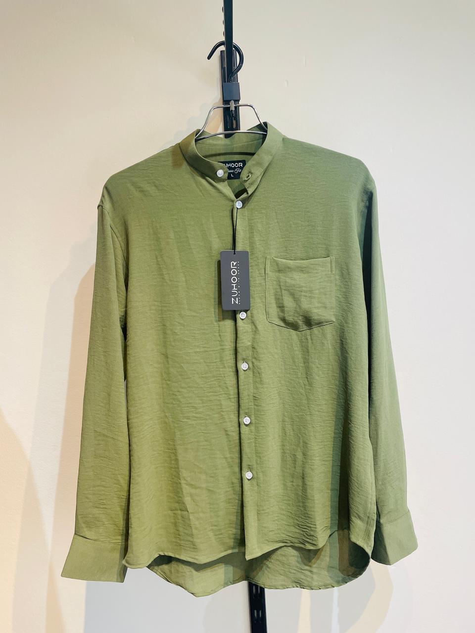 Men's Olive Cotton Band Collar Shirt - Image 1