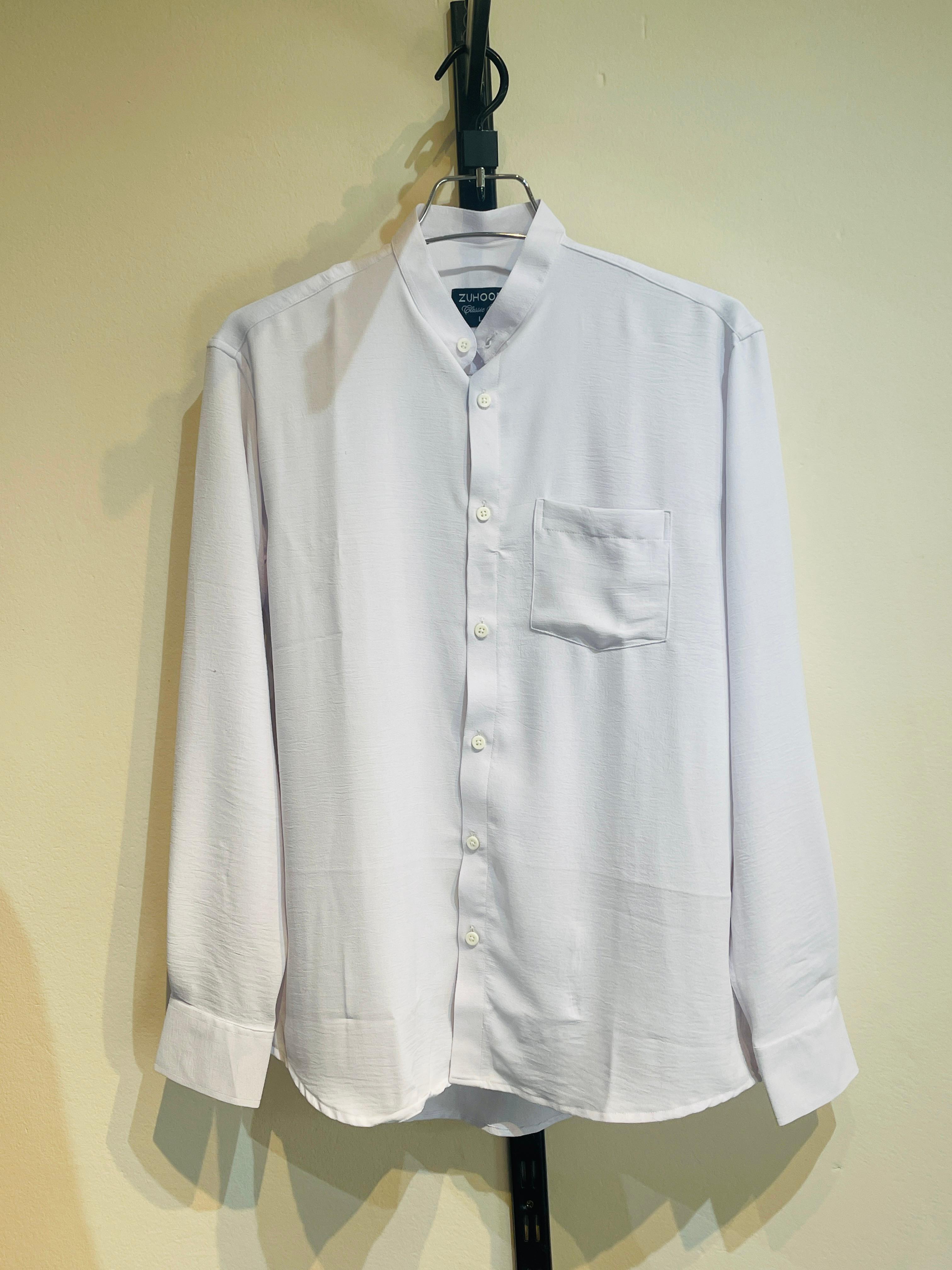 Men's White Cotton Band Collar Shirt - Image 1